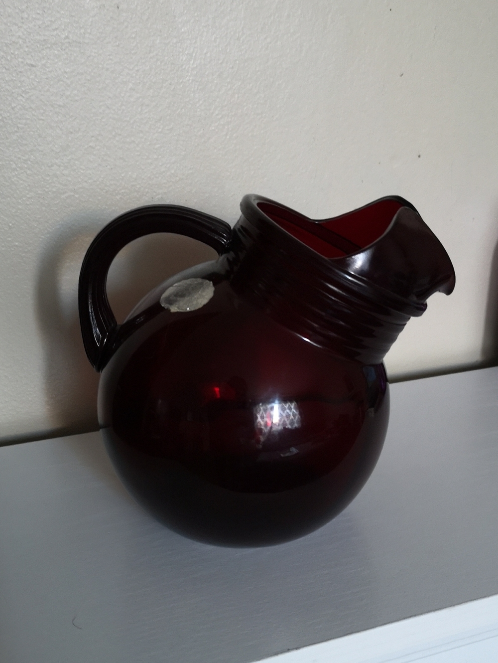 Fantastic Vintage Anchor Hocking Ruby Red Glass Ball Pitcher Original Label HTF